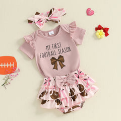 Baby Girl Letter Print Romper, Bow Shorts & Headband Summer Outfit