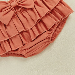 Baby Girl Rainbow Cami, Tiered Shorts & Bow Headband Romper Set