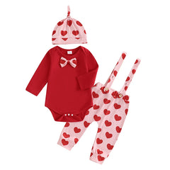 Baby Boy Long-Sleeve Romper, Suspender Pants, and Hat Valentine’s outfit