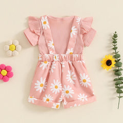 Baby Girl Flower Print Onesie & Suspender Shorts Set