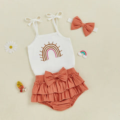 Baby Girl Rainbow Cami, Tiered Shorts & Bow Headband Romper Set