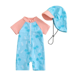 Baby Boy Rash Guard Zip-Up Swimsuit with Sun Hat