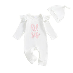 Baby Girls 0–18M Autumn Letter Romper with Hat – Long Sleeve Crew Neck