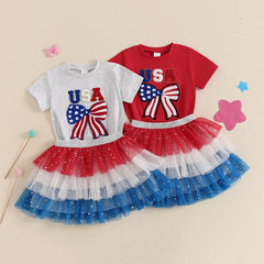 Baby Girl Letter Bow Embroidery 4th of July Outfit