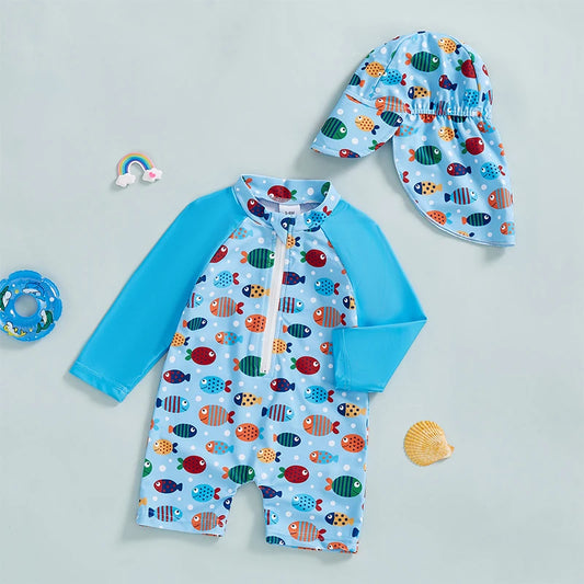Baby Boy UV Swim Set – Fish Print Rash Guard with Half Zipper & Sunhat