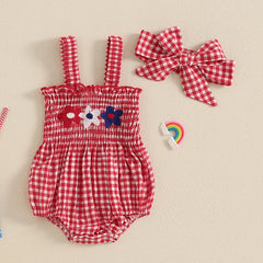 Baby Girl July 4th Outfit Plaid Letter Embroidery Romper Headband Summer Set
