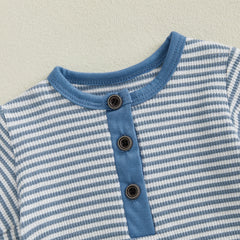 Unisex Newborn Short Sleeve Crewneck Button Front Stripes Print Romper Playsuit