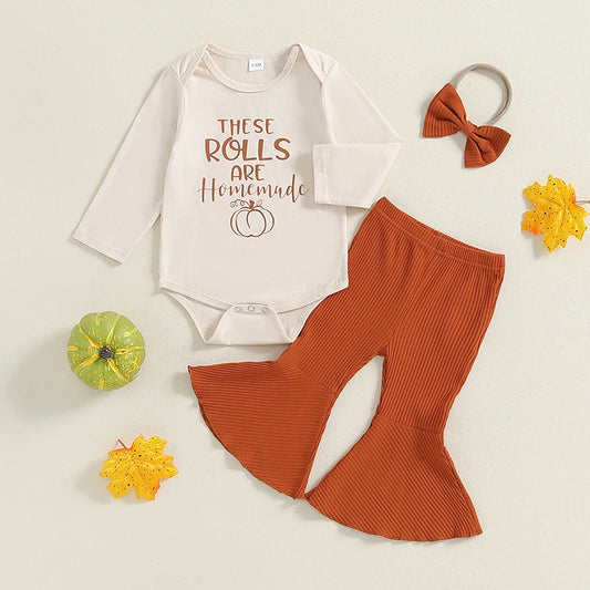0โ18M Baby Girl Pumpkin Print Romper, Flare Pants & Hairband Halloween Outfit Set
