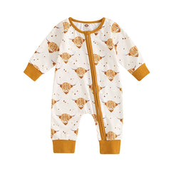Baby Boy Cow & Horse Print, Long Sleeve, Zip-Up Fall Romper