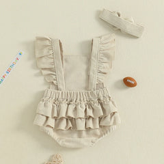 Baby Girls Rugby Embroidery & Headband Romper Set