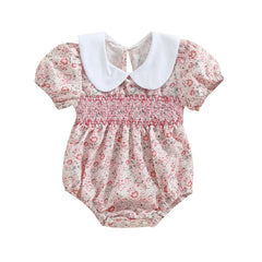 Newborn Baby Girl Short Sleeve Doll Collar Floral Print Onesie