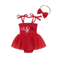 Baby Girl 4th of July Letter Print Romper Dress and Headband Set