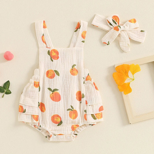 Baby Girls Peach Print Sleeveless Ruffled Jumpsuit with Bow Headband