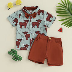 Toddler Baby Boy Western Print Shirt, Bow Tie & Shorts Gentleman Outfit