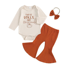 0–18M Baby Girl Pumpkin Print Romper, Flare Pants & Hairband Halloween Outfit Set