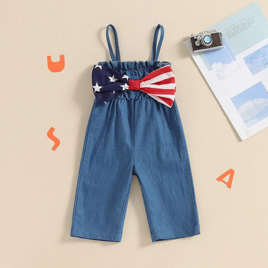 Toddler Girls 4th of July Strip Stars Bowknot Print Overalls
