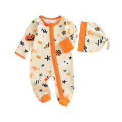 Baby Boy Halloween Pumpkin Romper & Knot Hat 2pc Set