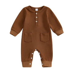 0–18M Unisex Baby Solid Color, Long Sleeve, Button-Up Romper