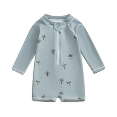 Baby Boys Shark & Palm Print, Long Sleeve, Zip-Up Rash Guard Swimsuit