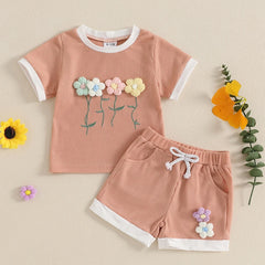 Toddler Girl Waffle Set with 3D Flower Top & Stretchy Shorts