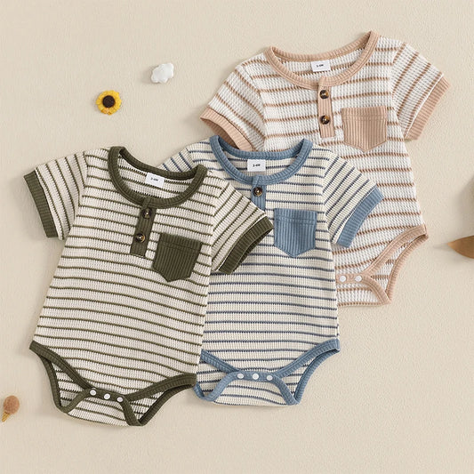 Baby Boy Striped Short-Sleeve Button-Up Onesie, Loose Fit