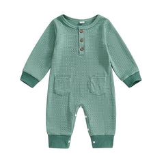 0–18M Unisex Baby Solid Color, Long Sleeve, Button-Up Romper