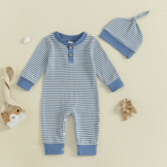 Baby Boy Fall Striped Romper & Hat Set