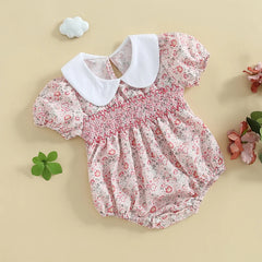 Newborn Baby Girl Short Sleeve Doll Collar Floral Print Onesie