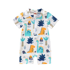 Kids Boys Dinosaur Printed Short Sleeve Zipper Swimsuit