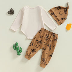 Baby Boy Letter Romper Rodeo Horse Pants & Hat Outfit