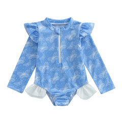 Baby Girl Long Sleeve Rash Guard Swimsuit – UV Protection with Ruffle Detail & Animal Print