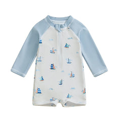 Baby Boys Shark & Palm Print, Long Sleeve, Zip-Up Rash Guard Swimsuit