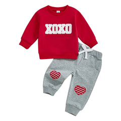 Toddler Boy Valentine’s Set Embroidered Sweatshirt with Heart-Print Pants
