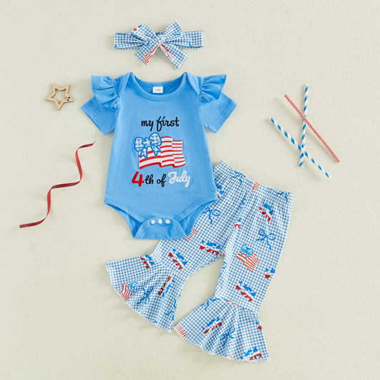 Baby Girls Letter Embroidery Romper and Plaid Bow 4th of July Outfit