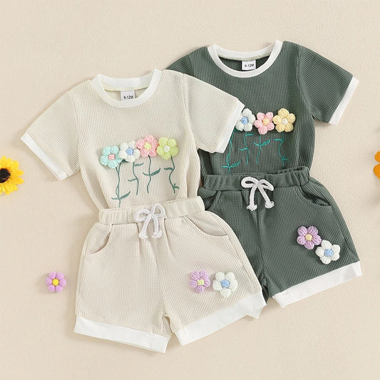 Toddler Girl Waffle Set with 3D Flower Top & Stretchy Shorts