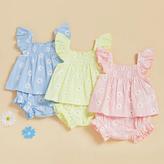 Baby Girl Daisy Smocked Top & Ruffle Shorts Summer Set