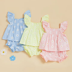 Baby Girl Daisy Smocked Top & Ruffle Shorts Summer Set