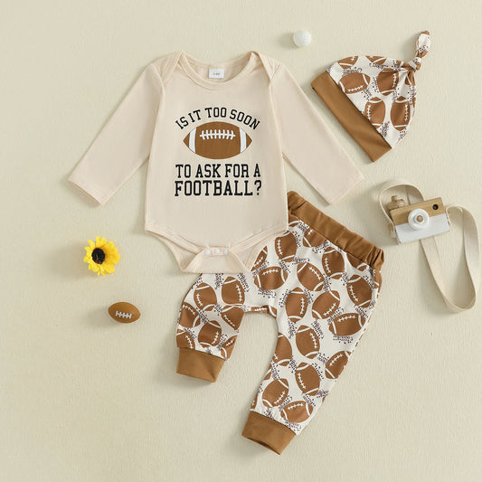 Baby Boy Football Romper, Pants & Knotted Hat Fall Outfit