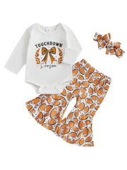 Baby Girl Romper, Flare Pants & Headband Set Football Outfit