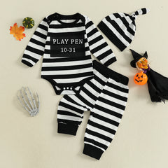 Baby Boys Letter Print Romper, Striped Pants & Cap Halloween Outfit