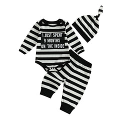 Baby Boys Letter Print Romper, Striped Pants & Cap Halloween Outfit