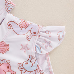 Baby Girl Seashell & Seahorse Print Rash Guard Swimsuit