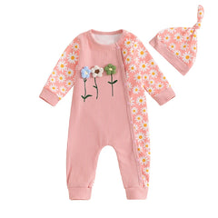 Baby Girl Floral Button-Down Romper with 3D Flowers, Long Sleeve & Hat Set