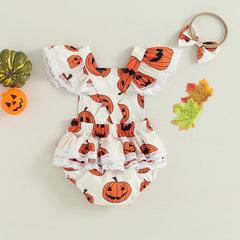 0-18M Baby Girls Halloween Pumpkin Print Ruffle Romper with Headband Set