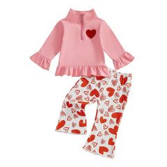 Toddler girl Valentine’s 2-piece heart embroidery outfit