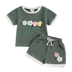 Toddler Girl Waffle Set with 3D Flower Top & Stretchy Shorts