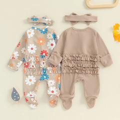 Baby Girl Long-Sleeve Frilled Footie Romper with Headband