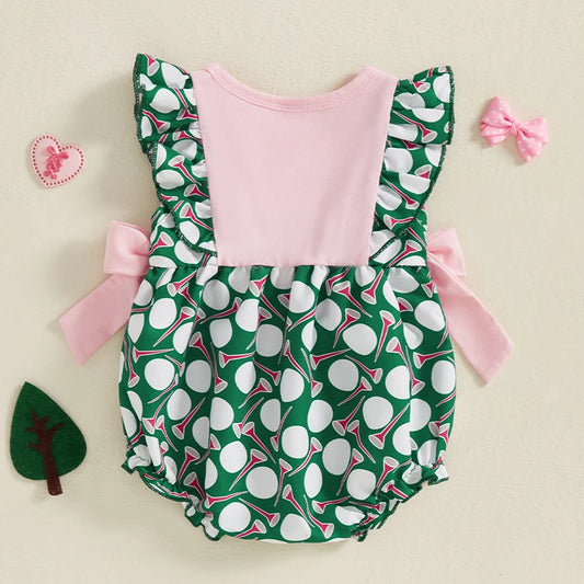 Baby Girl Ruffle Sleeveless Golf Ball Print Bow Romper