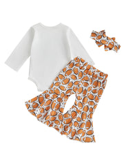 Baby Girl Romper, Flare Pants & Headband Set Football Outfit