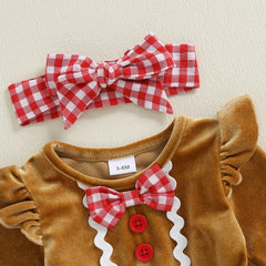 Baby Girl Christmas Gingerbread Romper Dress & Bow Set